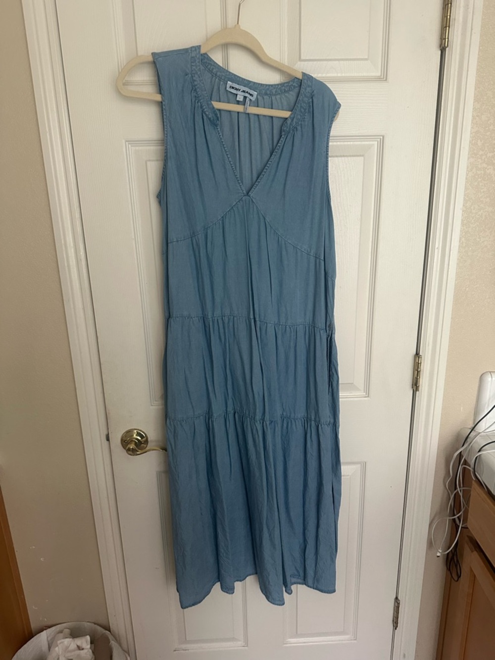 DKNY Light Blue Sleeveless Tiered Maxi Dress